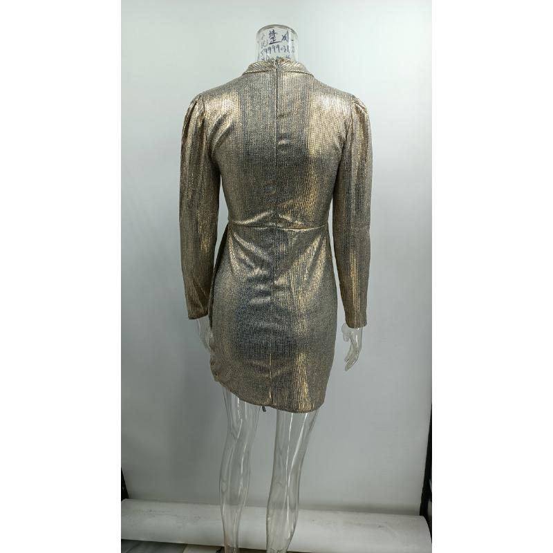Women Sequin Cocktail Dress Mock Neck Long Sleeve Draped Asymmetric Hem Gold Ruched Elegant Fall Winter Evening Party Night Out Formal Midi Dress