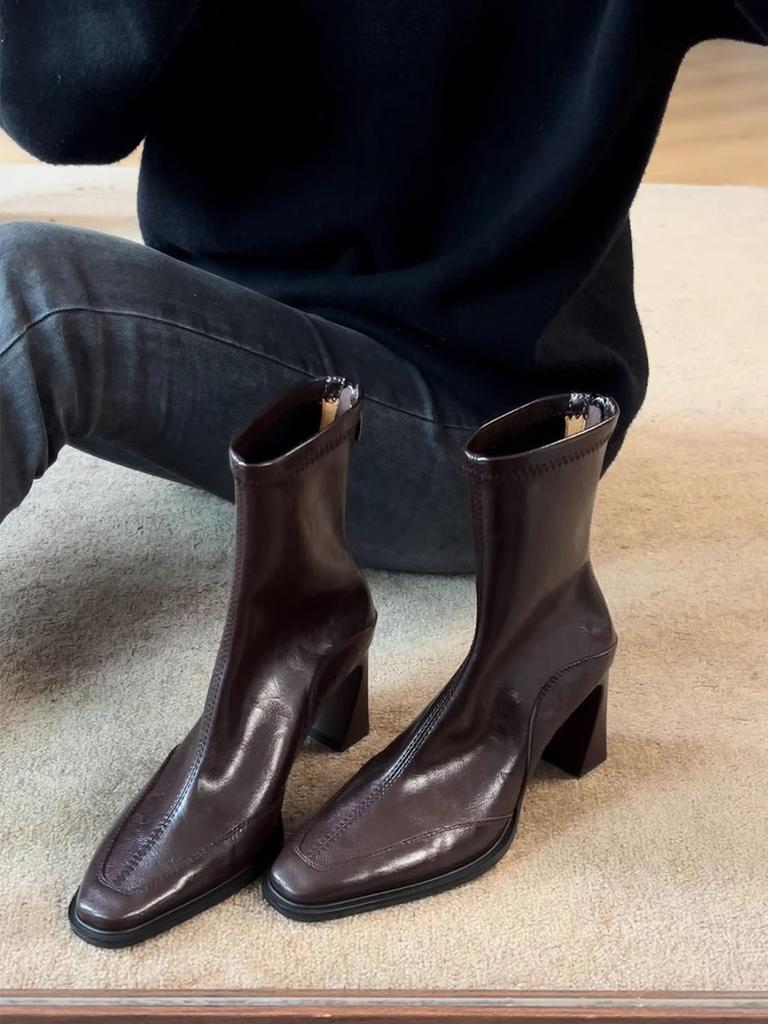 Cowhide Short Boots 2026 Autumn/Winter Square Head Thick Heel Elastic Boots Elegant Versatile Short Boots