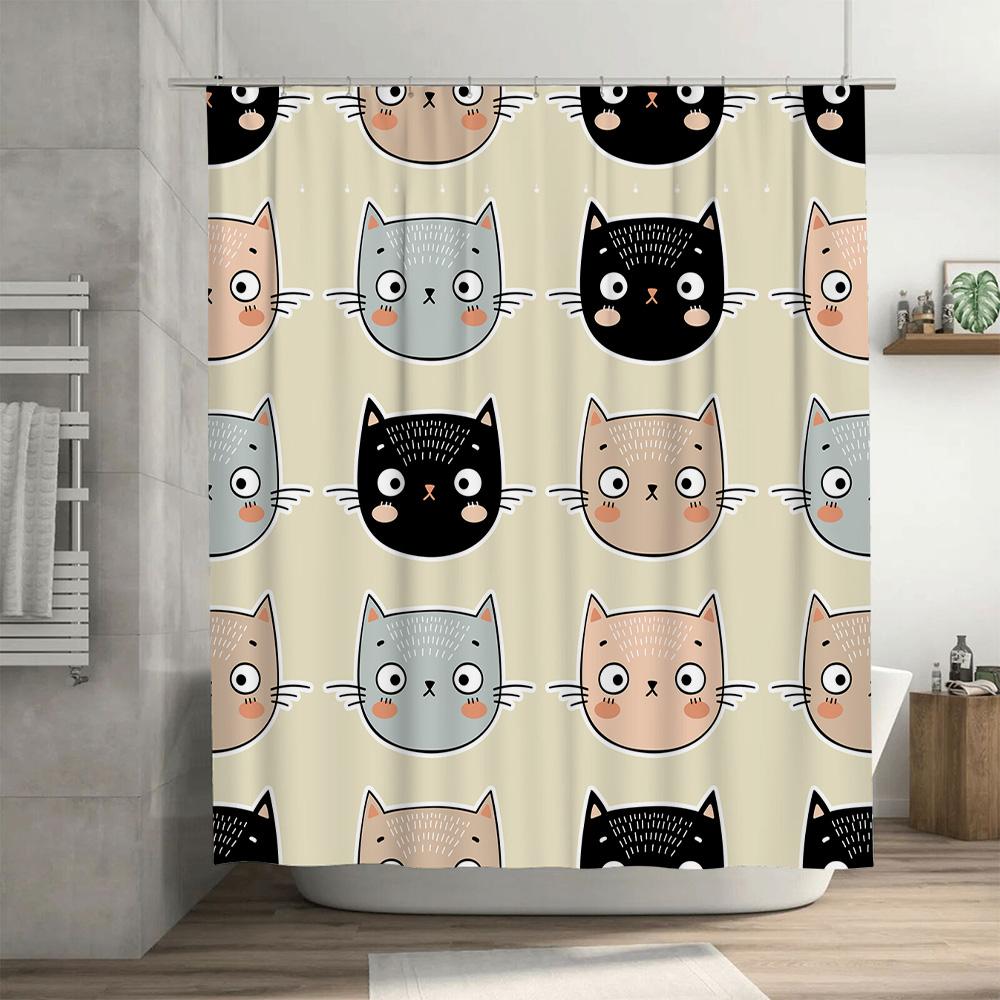 Cute Cat Shower Curtain Modern Bathroom Decor for Kids Room Black White Pink Blue Cartoon Pattern Print Waterproof Fabric with H