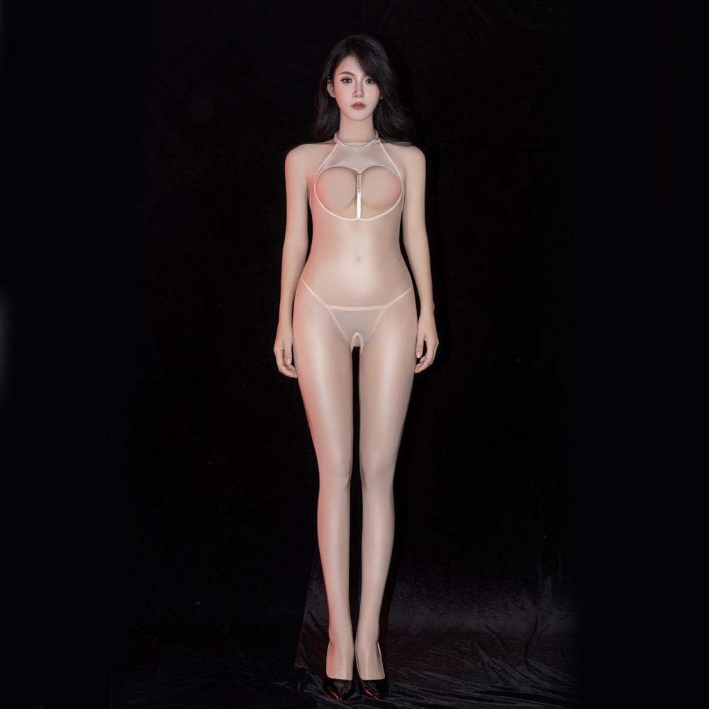 Sexy Women Sheer See Through Oil Glossy Shiny Elastic Bodysuit Bodycon One-Piece Thong Silky Tights Cosplay Maid Leotard