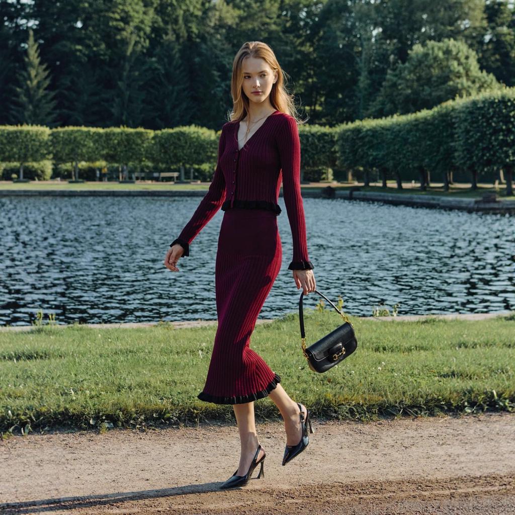 French Elegant Ruffle Edge Tight Knit Two-piece Set Women's Autumn and Winter Temperament Dress Set