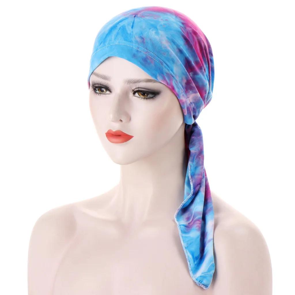 Women Printed Turban Cap Muslim Hijab Inner Caps Beanies Bonnet Long Tail Headscarf Strech Bandana Hat