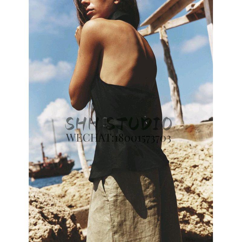 Spring New Fashion Sexy Style Sexy Open Back Buckle Decoration Linen Blended Hanging Collar Tops 8001709