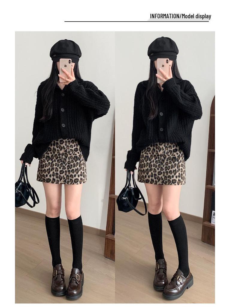 Retro Spicy Leopard Print Bodycon Woolen Skirt: Women's Slim High Waist A-line Autumn/Winter Style