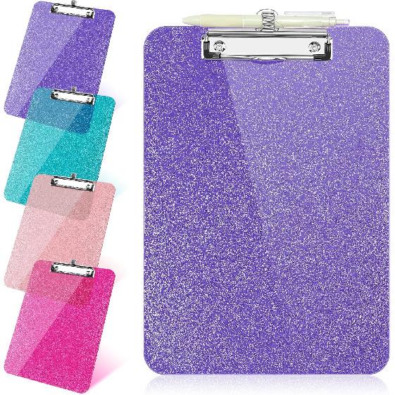 1 Pcs Clear Glitter Clipboards, Plastic Clipboard with Pen Holder, Size 8.85 x 12.4 in Shiny Clipboards with Low Profile Clip, Cute Hanging Clipboard