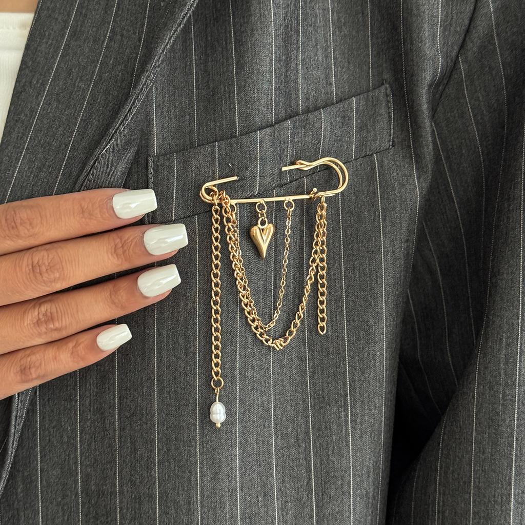 Sweet And Cool Imitation Pearl Love Pendant Brooch, Simple Metal Chain Fringed Pin Pants Anklet