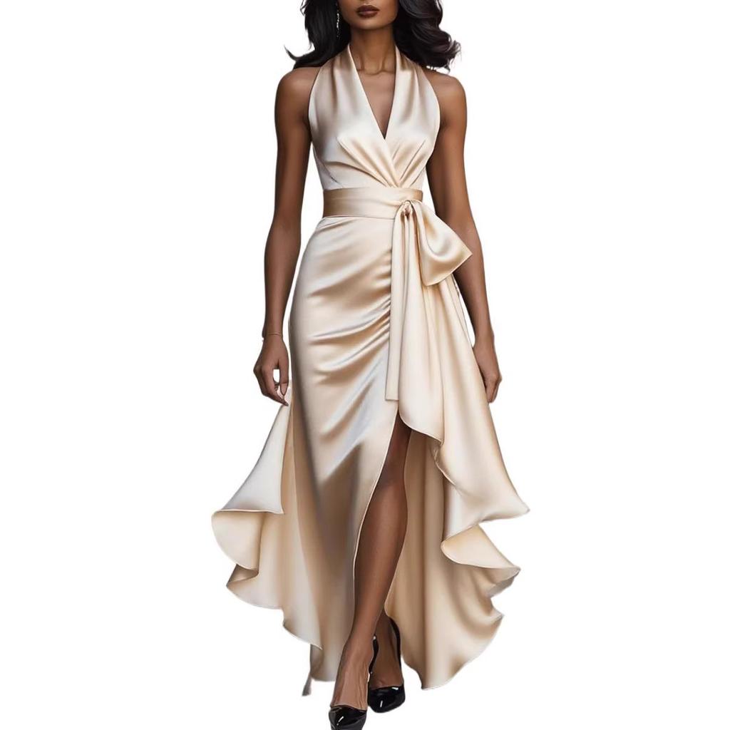 Cross-border Foreign Trade 2026 European and American New Amazon Satin V-neck Sleeveless Waist Temperament Ruffle Edge Dress Women