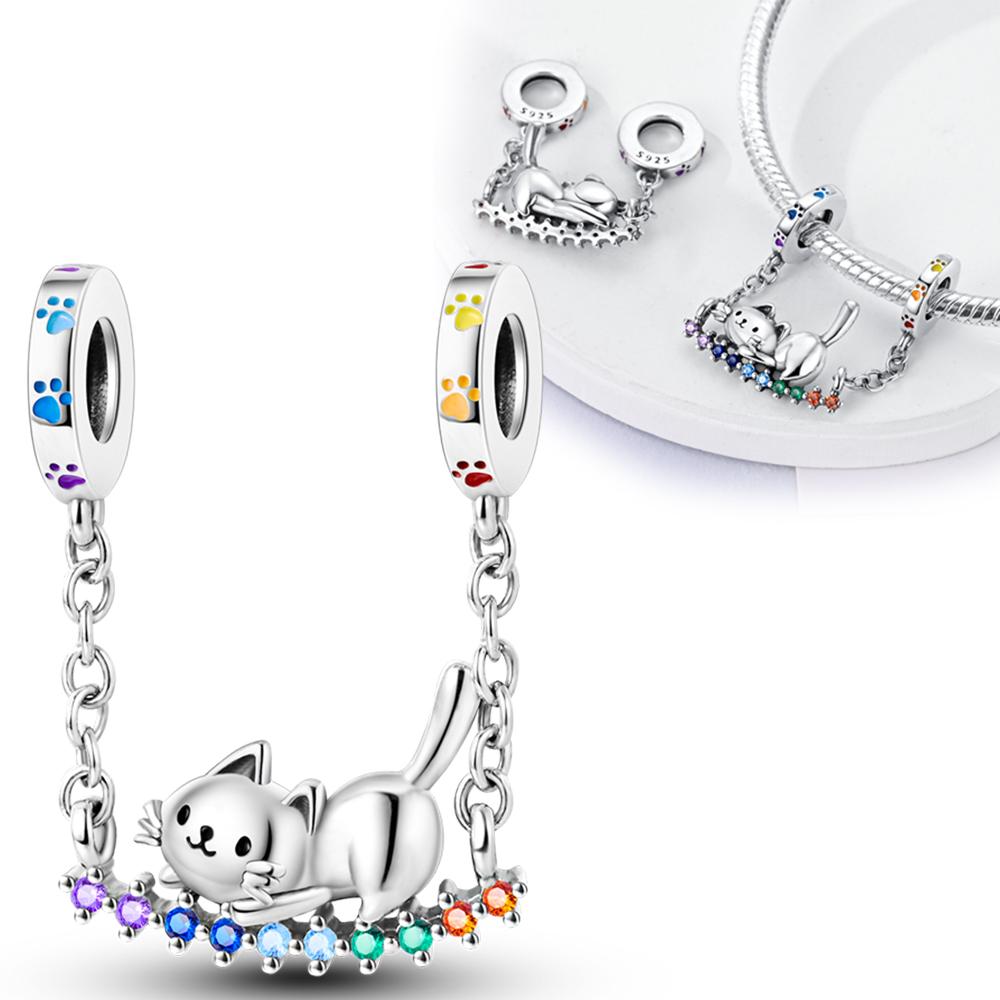 Cute Cat Rainbow Swing Pendantscopper Plated Original Beads Fit Originalcharms Bracelet Bead Jewelry Gifts For Women