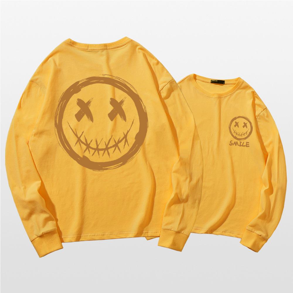 Japanese long-sleeved T-shirt men's summer tide personality graffiti smiley face print little devil grimace Hong Kong style loose top