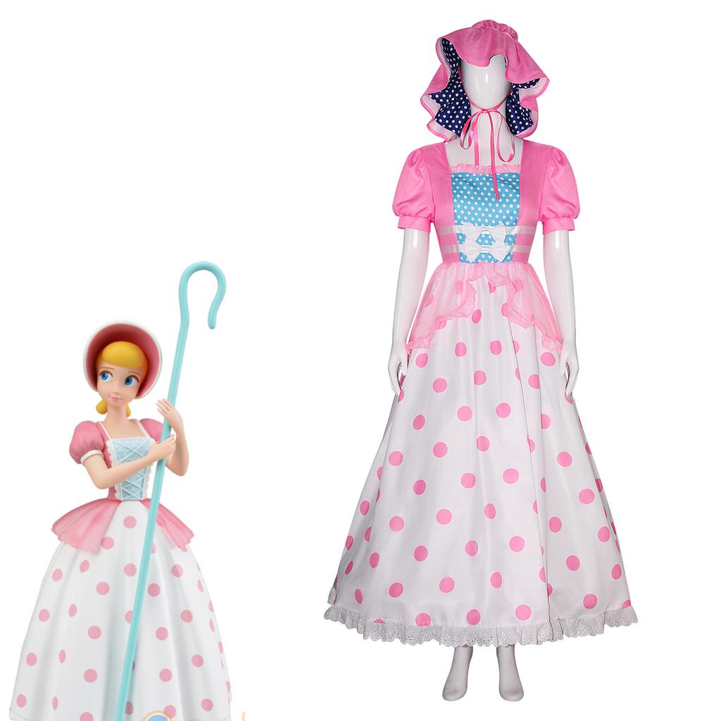 Anime Little Bo Peep Costume For Women, With Pink And Blue Bonnet Polka Dot Dress Halloween Costume For Girl