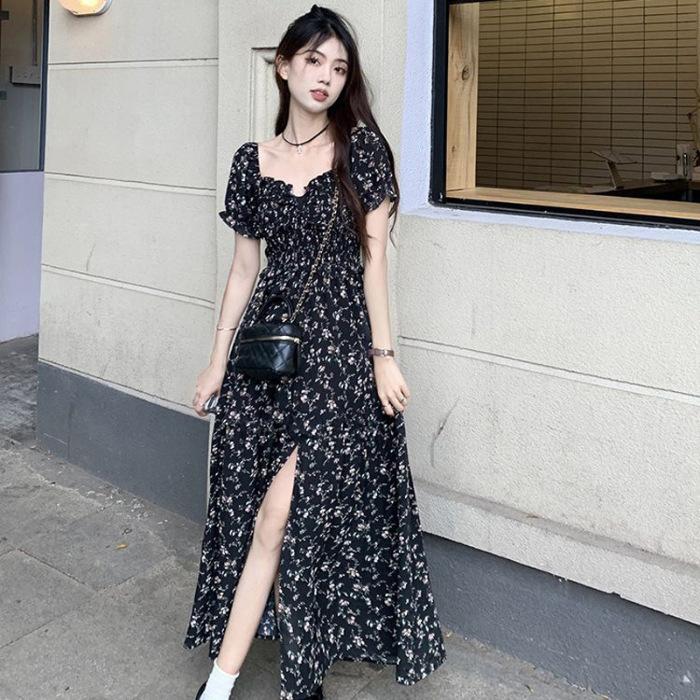 French Square Neck Floral Dress Women's Summer New Spice Girl Waist Medium and Long Split A-shaped Skirt