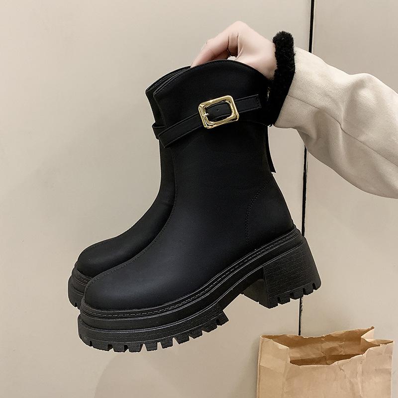 Thick-soled Martin boots women's non-slip medium boots autumn and winter new fashion belt buckle thin boots rear zipper short boots