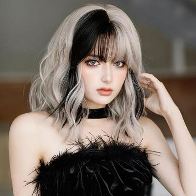 Silver Gray Powder Female Daily Role-playing Synthetic Curly Wig Fluffy Bangs Heat-resistant Lolita Wig