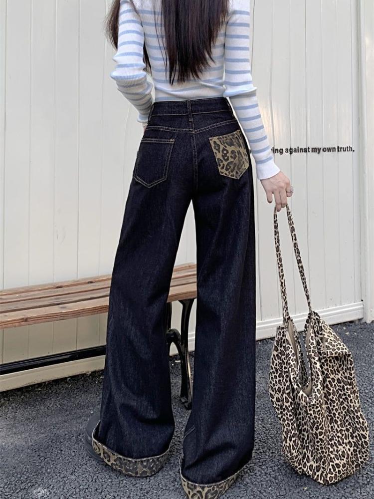Podwijane Krawędzie Łączenie Leopard Szerokie Nogawki Jeansy Damskie Wiosna i Jesień Obcisłe Włóczące się po Ziemi Luźne Proste Spodnie Długie Spodnie Jeansowe