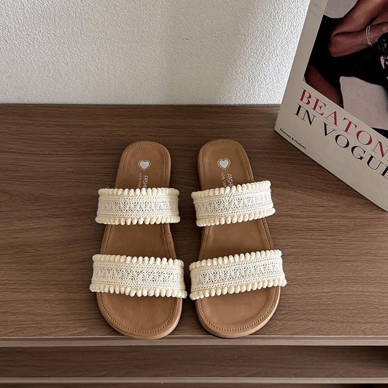 One-word Cool Slippers Women's 2025 New Summer Retro Woven Cross-bottomed Slippers Beach