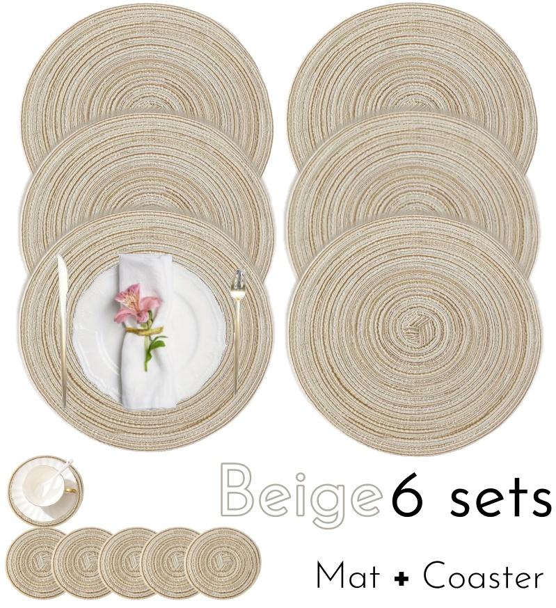 1/12pcs Round Braided Placemats 15inch Washable Table Mat with Heat Insulation Coaster for Dinner Gathering Party Kitchen-Table