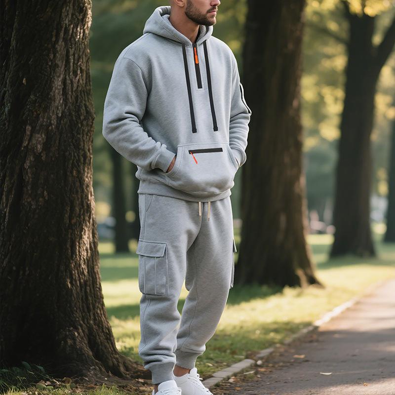Mens Warm Thick Multiple Pockets Hooded Sweatshirt And Cuffed Sweatpants Two Piece Sports Set