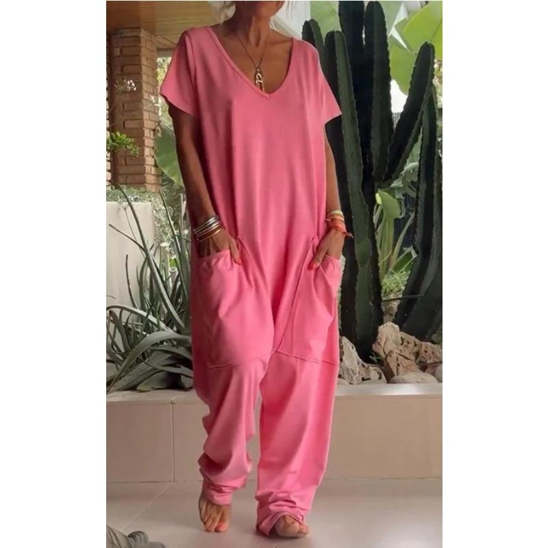 

VEZFAA Women s Fashion Casual Summer Spring Solid Color Print Sleeveless V-Neck Loose Waistline Trousers Jumpsuits & Rompers XXXXXL рожевий