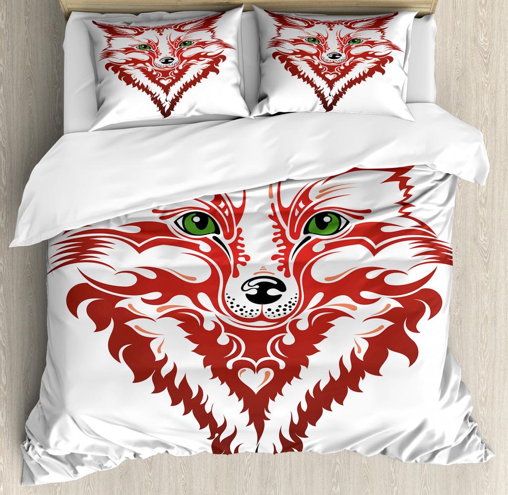 Cartoon Fox Duvet Cover King Size,Baby Fox Sleeping In A Floral Circle Image Print Bedding Set Kids Animal Quilt Cover