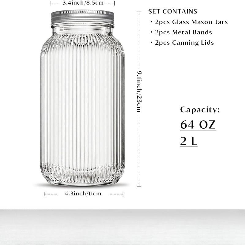 2PCS Wide-Mouth Glass Mason Jars with Screw Lids Threaded Canning Jars for Pickles Fermented Refrigeration & Pantry Storage