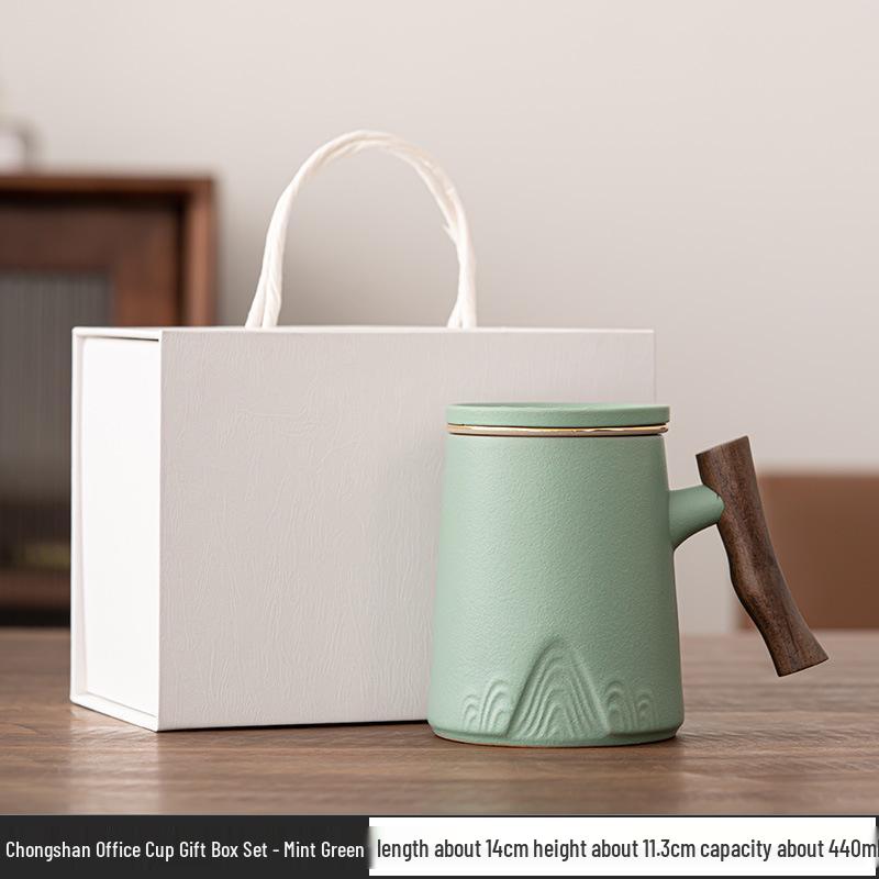 Ceramic Tea Cup with Water Separation, Large Capacity, All-Ceramic Filter, Walnut Wood Handle, Customizable Logo.