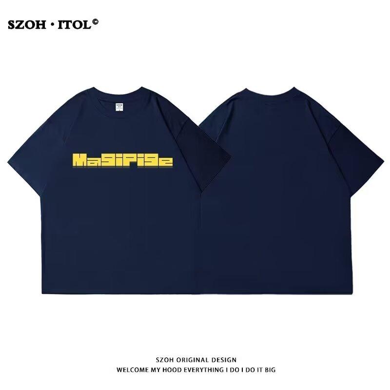 

Новая летняя футболка с короткими рукавами для мужчин, тренд в корейском стиле, простой топ с короткими рукавами, свободная повседневная брендовая футболка в гонконгском стиле 5XL темно-синий