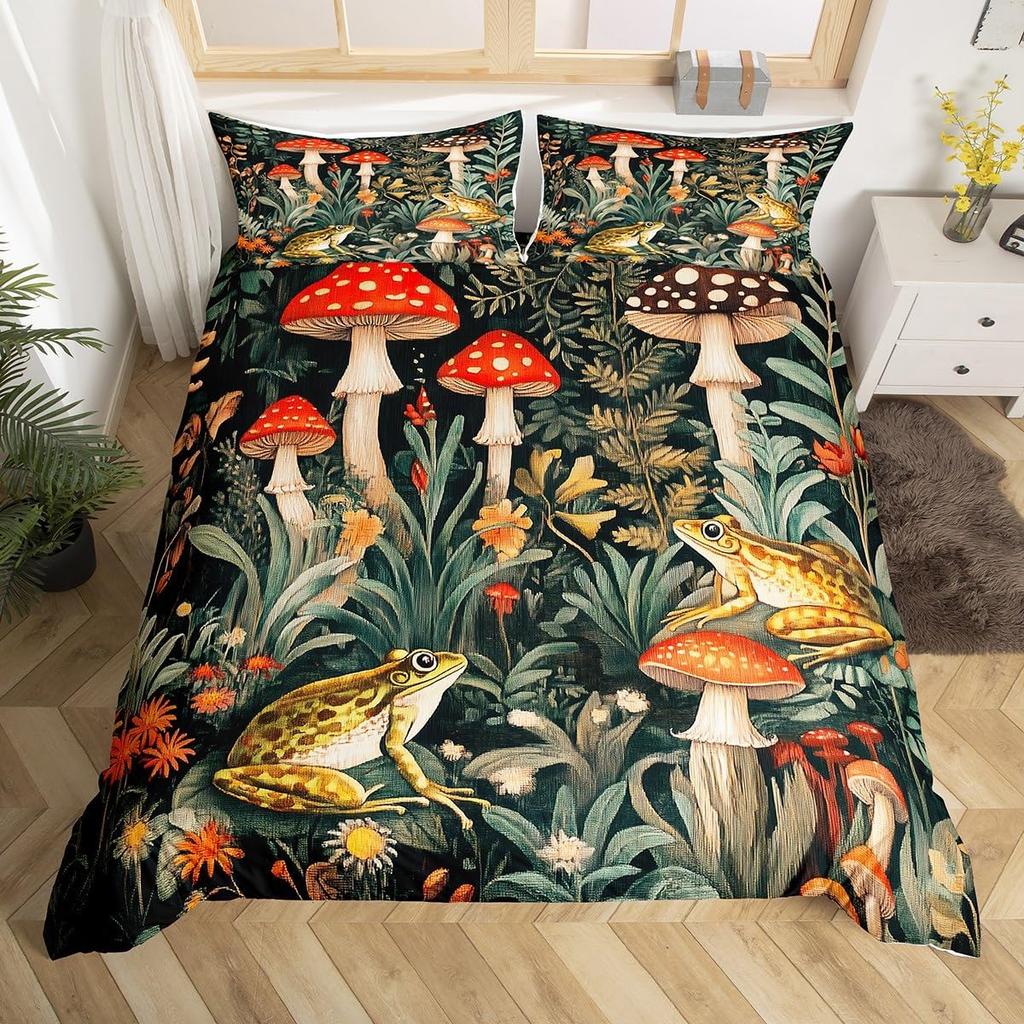 Kawaii Frog Print Duvet Cover Frog Mushrooms Comforter Cover Botanical Mushroom Twin Queen Bedding Set For Girl Teen Room Decor
