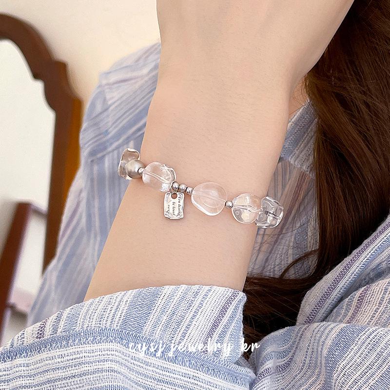 Cui Yan S925 Sterling Silver Korean Style White Crystal Women's Bracelet - Light Luxury Niche Ins Style Elastic Cord Bracelet
