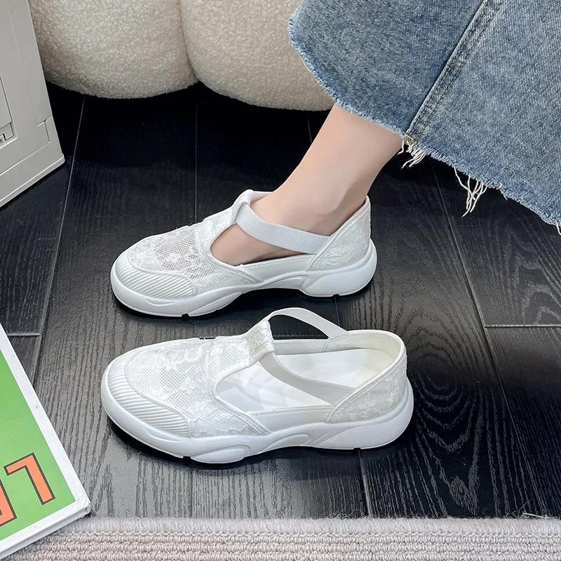 Lace Little White Shoes Women's 2025 Summer New One-pedal Platform Sandals Hollow Fisherman Shoes Breathable Flat Shoes