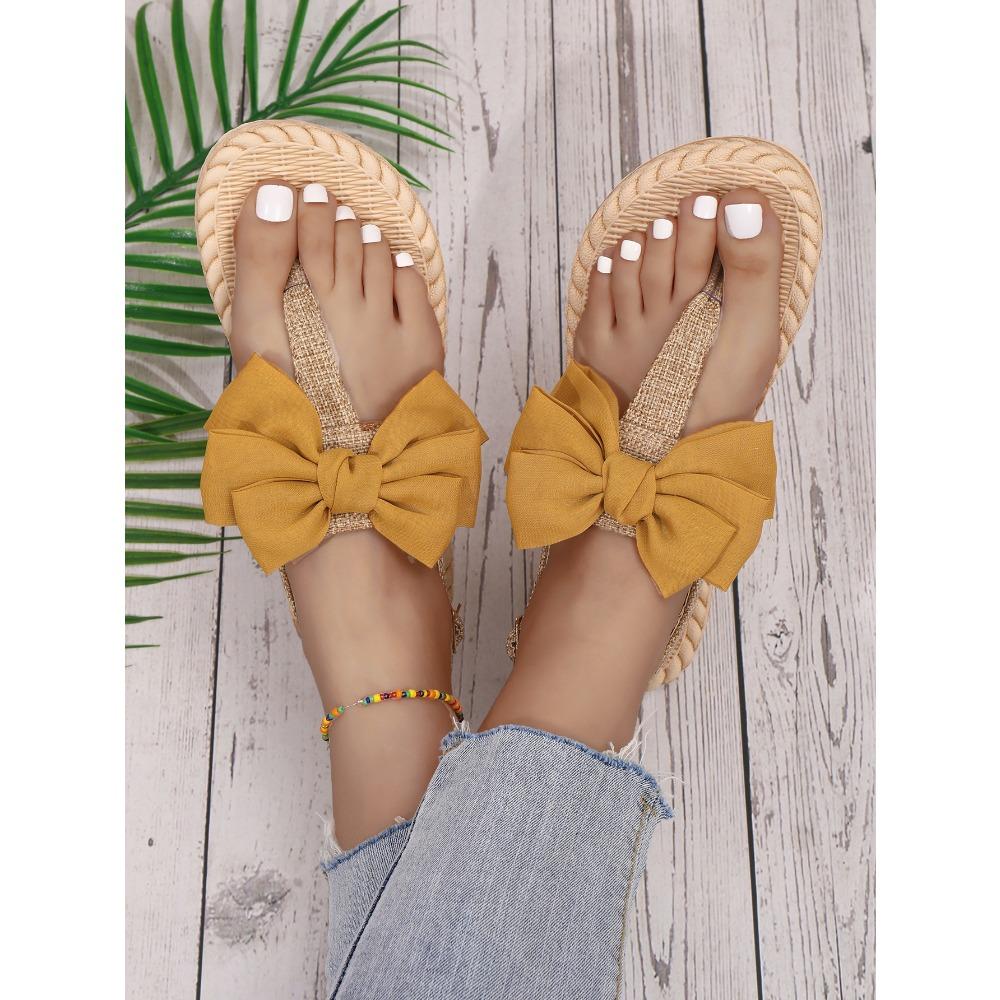 Summer Flip Flops Women'S Sandals Bohemian Style Hemp Bottom Clip Foot Fashionable Room Pink Hanging Bead Bow Trendy Sandals