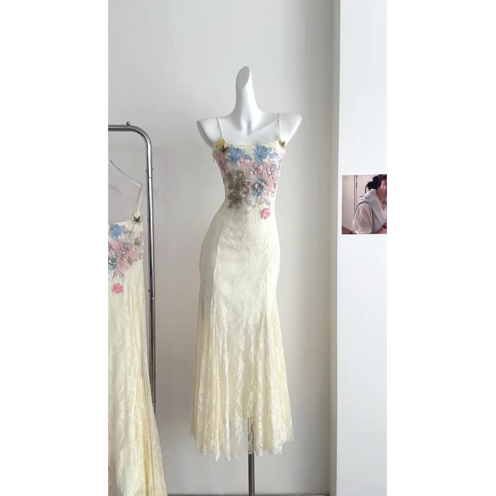 Flower lace pure wind fish Ji girl flower lace mesh fishtail dress medium and long hip sling skirt