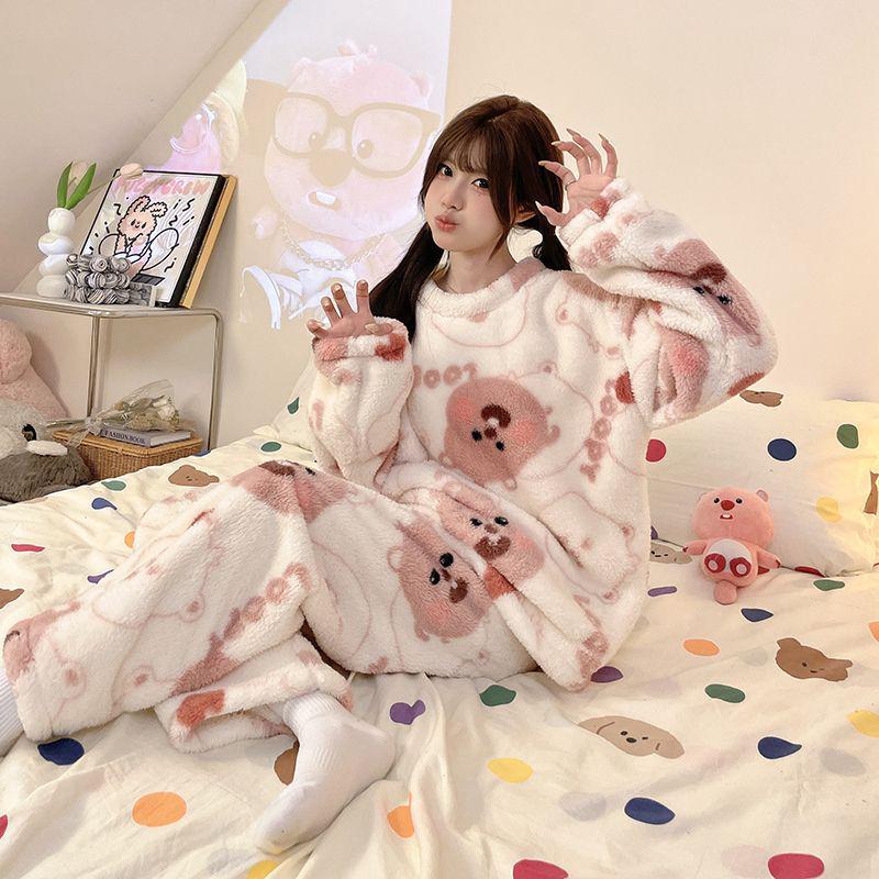 Damski Słodki Kreskówkowy Flanelowy Zestaw Piżamowy - Gruby, Podszyty Polarem i Przytulny na Jesień i Zimę