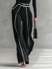 Autumn New Style Elegant Stand Collar Color Block Trim Waist Slim Fit Long Sleeve Knit + Wide Leg Pants Two Piece Set