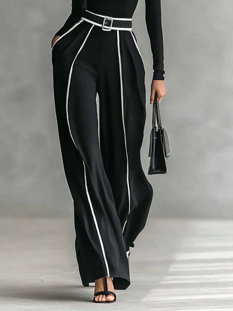Autumn New Style Elegant Stand Collar Color Block Trim Waist Slim Fit Long Sleeve Knit + Wide Leg Pants Two Piece Set