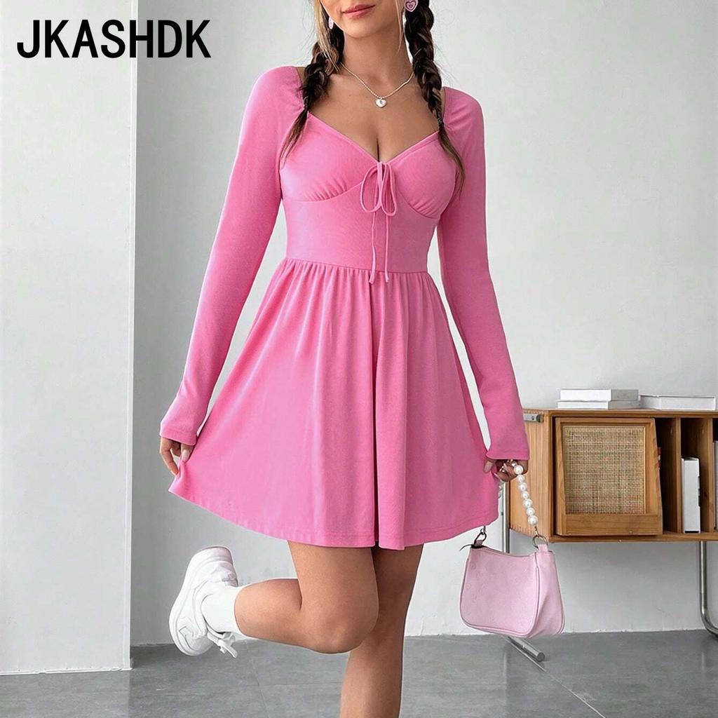 JKASHDK Mote for kvinner Vår Høst Ensfarvet Trykk Langermet Høy midje Hverdagskjoler