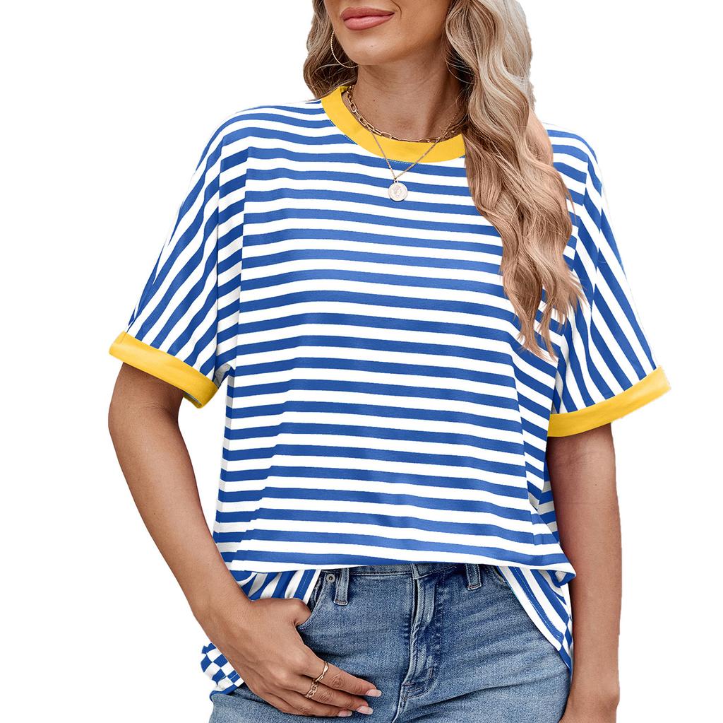 Summer Loose Fit Striped Round Neck T-Shirt Women