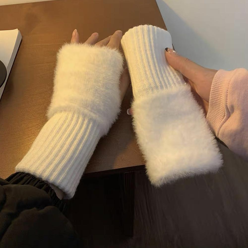 Soft Winter Half Finger Gloves Women Warm Luxury Solid White Plush Knitted Fingerless Gloves Wrist Mittens Writting