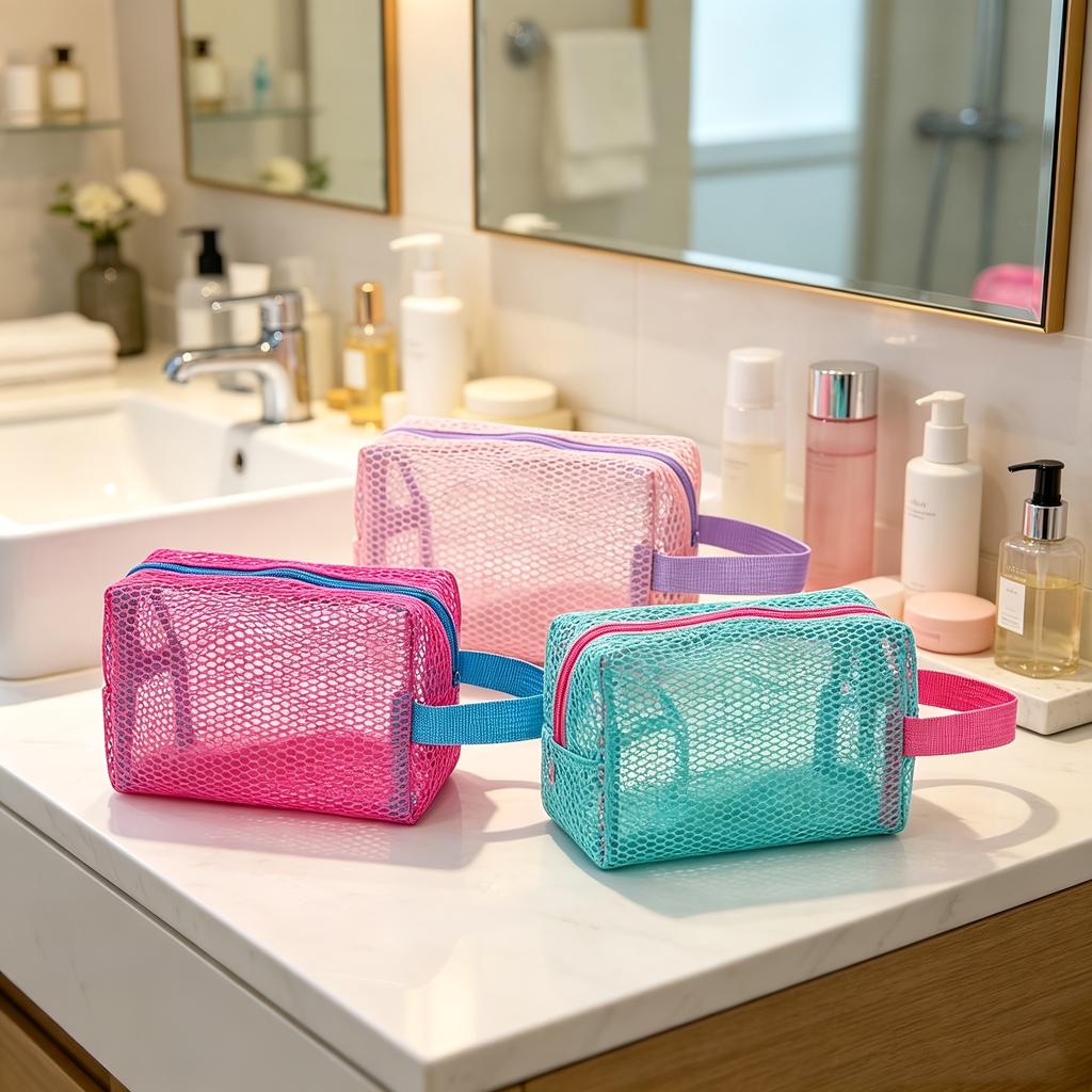 Dopamine Women's Small in Macaron Colors, Octagonal Mesh Handle Bag, Makeup Bag, Portable Large-Capacity Storage Bag for Outdoor Travel