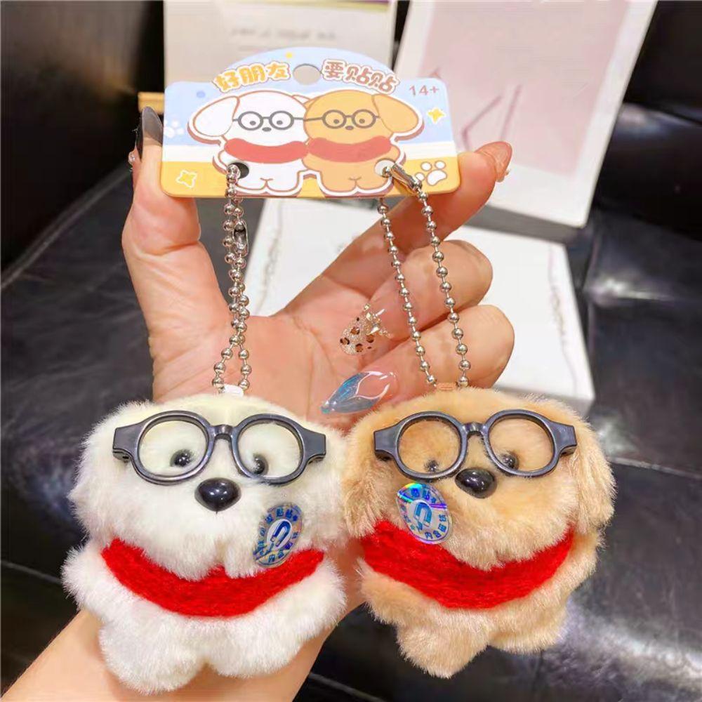 2Pcs Cute Collar Glasses Dog Pendant Cartoon Magnetic Dog Keychain Funny Plush Doll Keychain  Friend