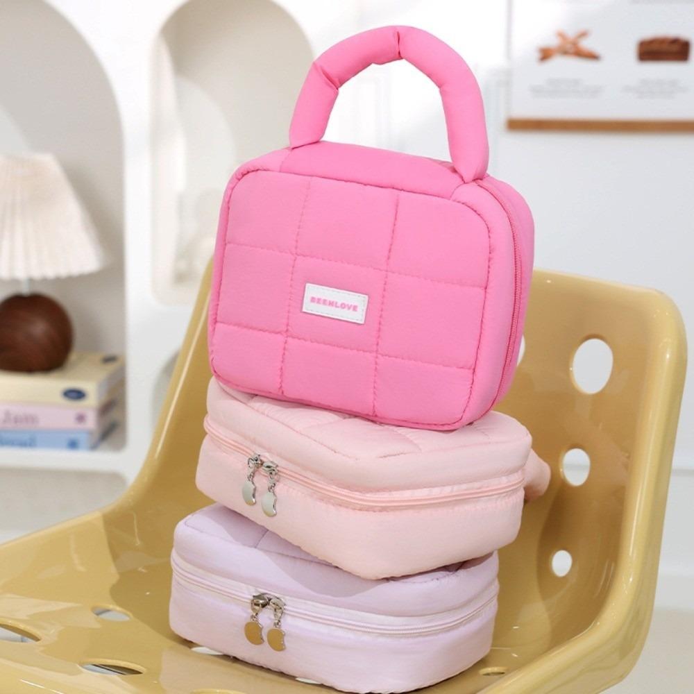 Quilted Hand-held Makeup Bag Candy Color Portable Toiletry Bag Puff Square Cosmetic Bag  Home