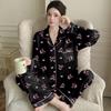 Black Bow Lapel Neck Design Pajamas for Women 2026 New Spring Casual Outerwear Soft Silk Pajama Set Simple Trendy Sleepwear Set