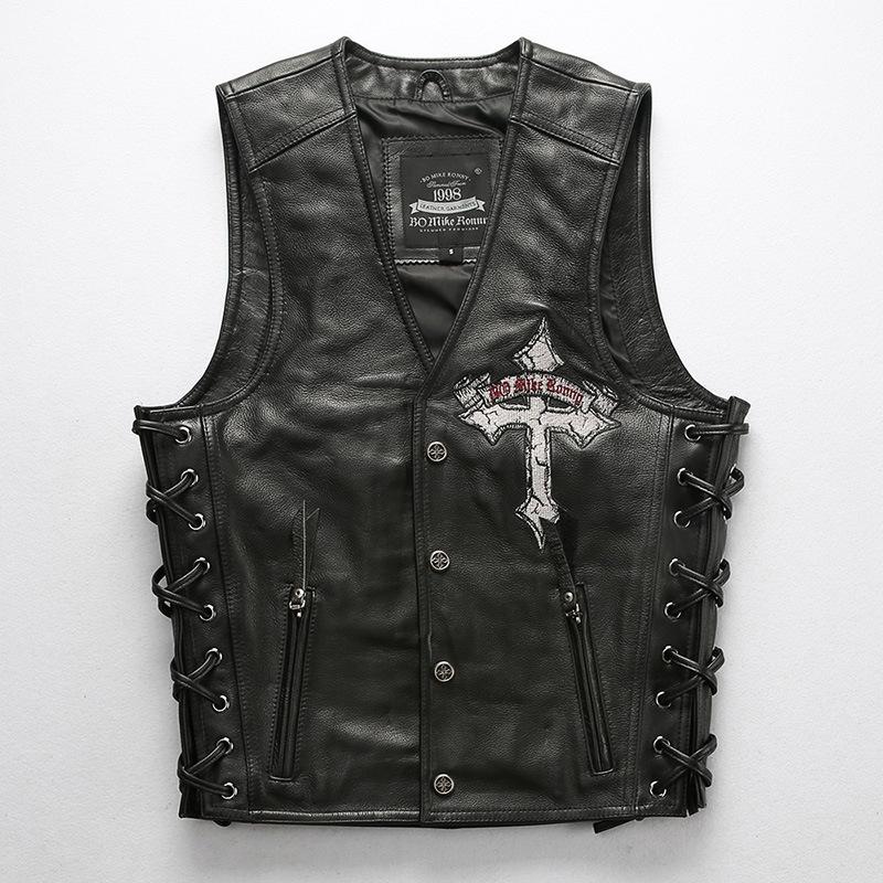 Harley vest V-neck leather locomotive vest men's direct supply skull embroidered cowhide vest