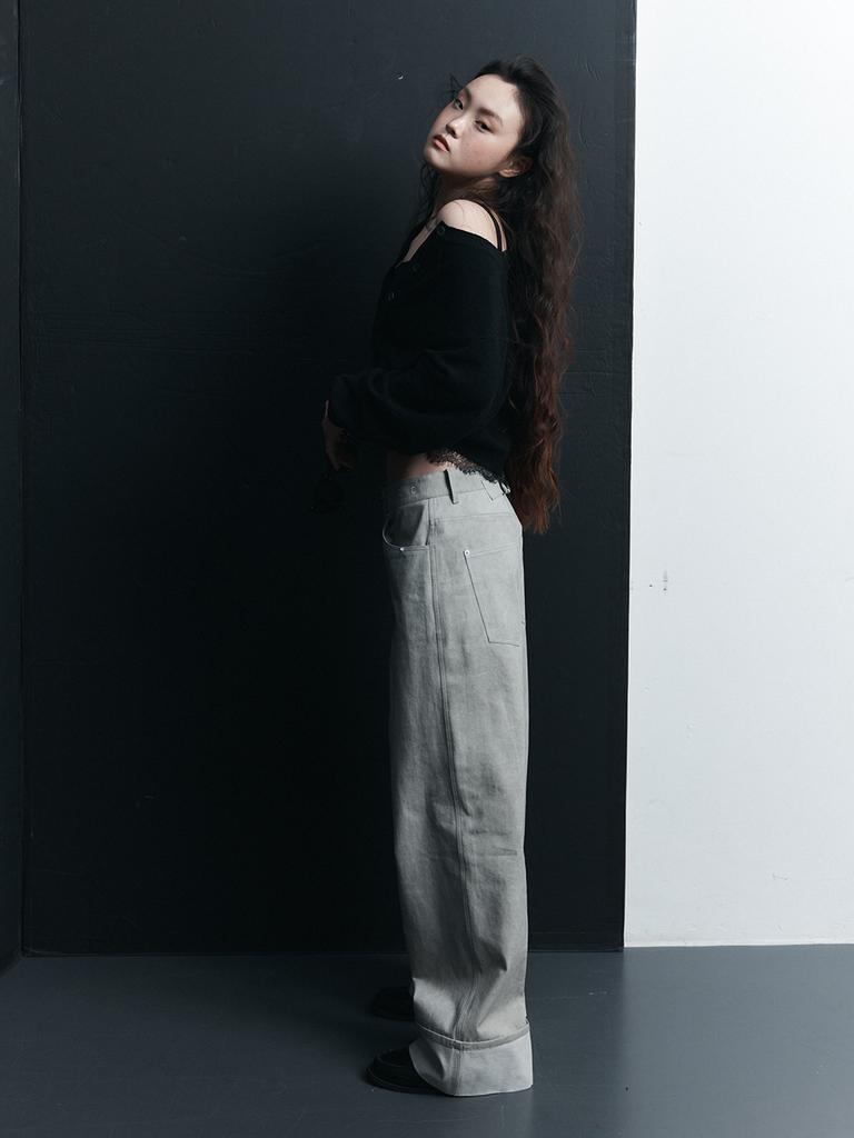 HAUS072C Stitch Roll Pants Light Gray