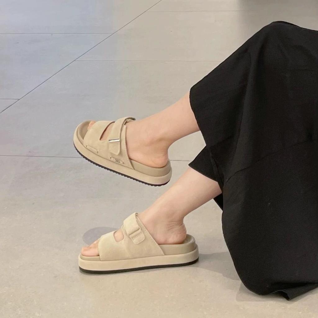 Genuine Leather Korean Version of Birkenstock One-word Slippers for Women To Wear 2025 New Summer Thick-bottomed Open-toed Casual Beach Sandals