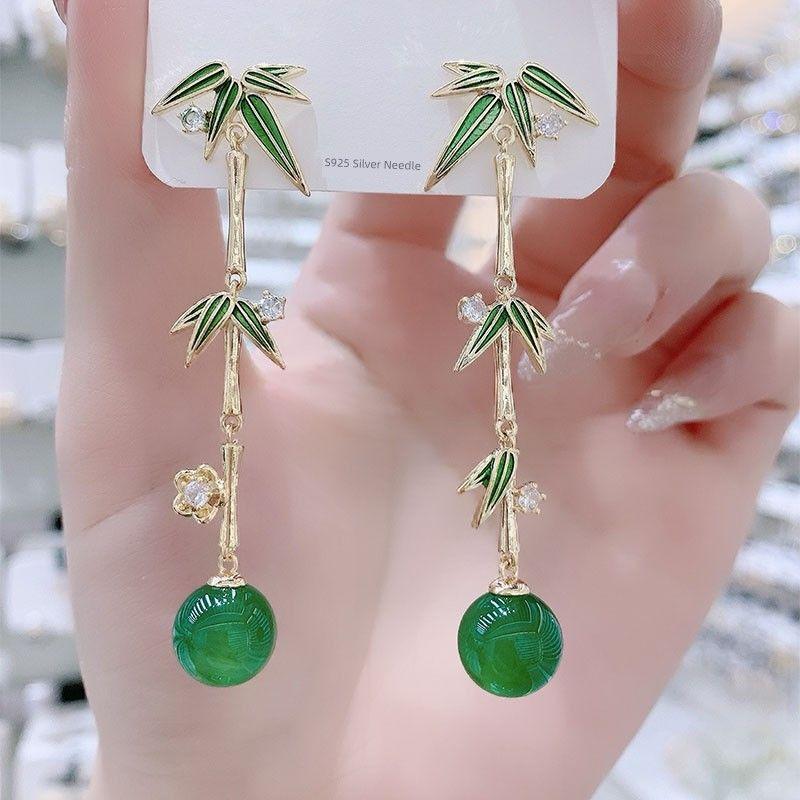 

Accessible Luxury New Chinese Style Green Bamboo Elegant National Style Long Earrings Green
