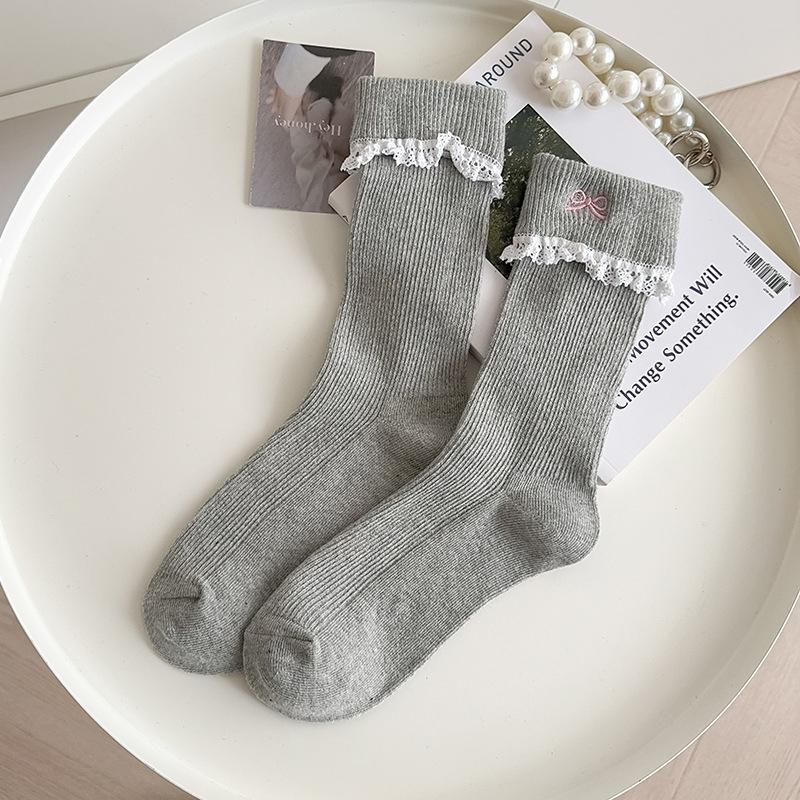 Simple All-Match Girly Cotton Socks Lace Bow Sweet Sock Casual Breathable Sweat-Wicking Mid-Tube Socks  Accessories Gifts