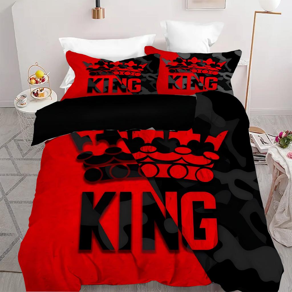 King'S Crown Muster 3D Gedruckter Bettbezug Rot Schwarz Paar Stil Bettbezug Set Weich Bequem Polyester Steppdeckenbezug Set