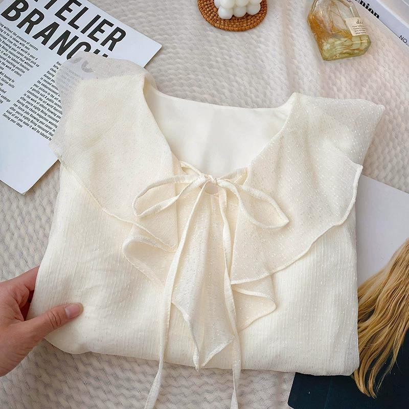 Casual Ruffles V-Neck Shirt Women All-Match Loose Bow Patchwork Blouse Ladies Spring Summer Long Sleeve Shirts