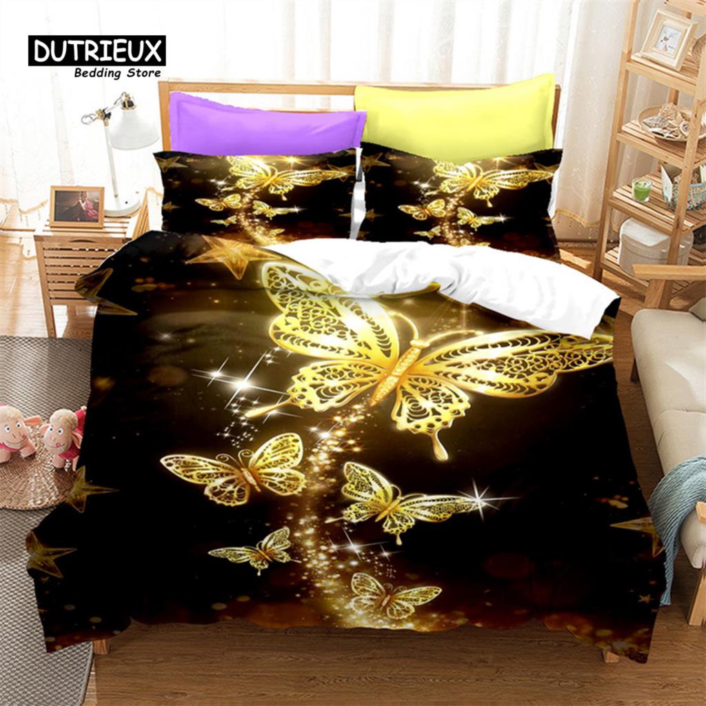 Comforter Golden Butterfly And Floral Bedding Set Queen Print Black For Kids Girls Boys Adults Bedroom Decor