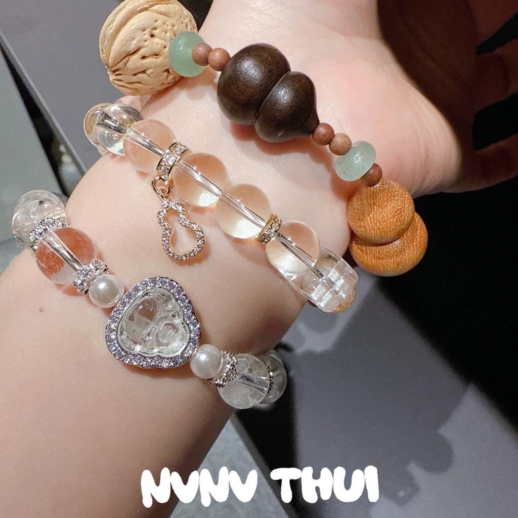 Jewelry, Natural Gold-Haired Crystal Sugar Cube Citrine Gourd Bracelet, New Chinese Fulu Sandalwood Gourd Bracelet Stacked